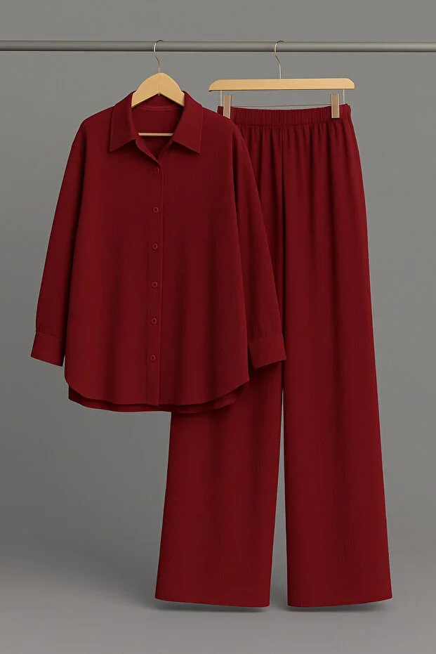 Bürümcük Fabric Shirt Collar Buttoned Top Bottom Set Suitable for Modest Fashion 2XL 6XL