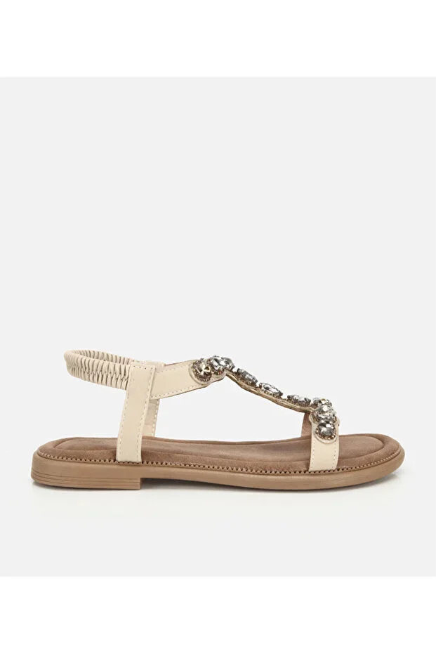 Women's Beige Stone Detailed Strappy Flat Sandal