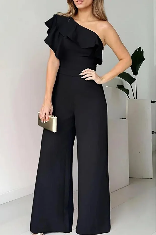 Black Women's One Shoulder Detailed Ruffled Crepe Fabric Jumpsuit
