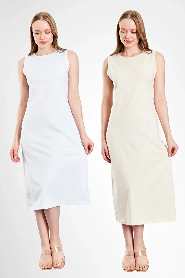 Long Sleeveless Dress Lining Underwear Petticoat Slip Combined Set Ecru - White 2's Set