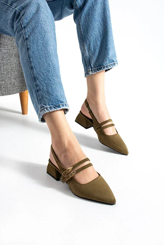 Yolanda Women's Suede Double Buckle Detailed Short Heeled Shoes - Ballet Flats