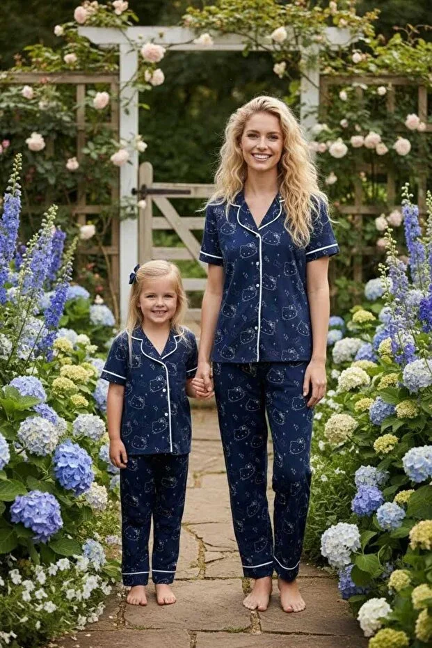 Hello Kitty Licensed Mother & Daughter Combo Pajama Set Glittery Navy Shirt Buttoned Cotton Jersey (SOLD SEPARATELY)