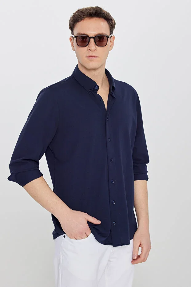 Men's Navy Blue Breathable Stretch Cotton Tailored Slim Fit Button-Down Collar Knit Shirt