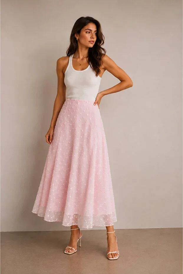 SHEBARA PINK FLOCK PRINT LINED TULLE SKIRT