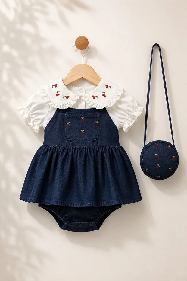 Romper with Cherry Embroidered Collar and Bag Detail