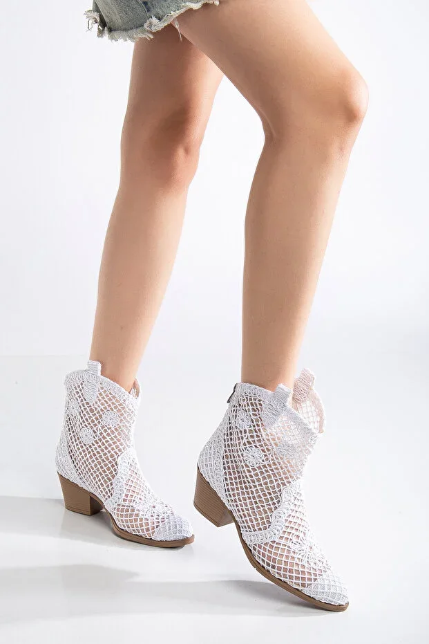 Ms Sugar White Textile Lace Fabric Western Cowboy Short Summer Boots