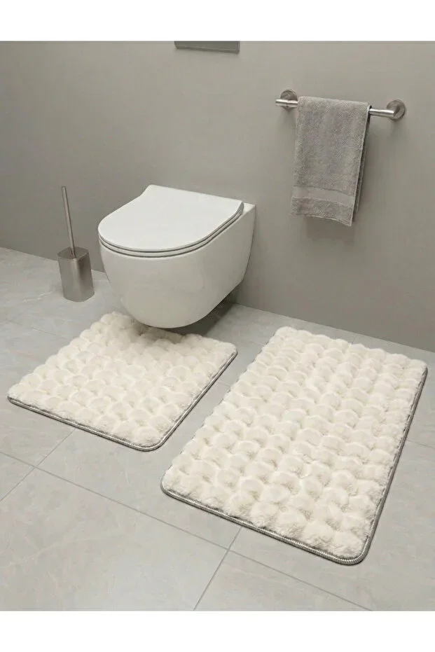 Geus Halı Bubble 2-Piece Bath Mat Set Cream Soft Machine Washable 60x100 and 40x60