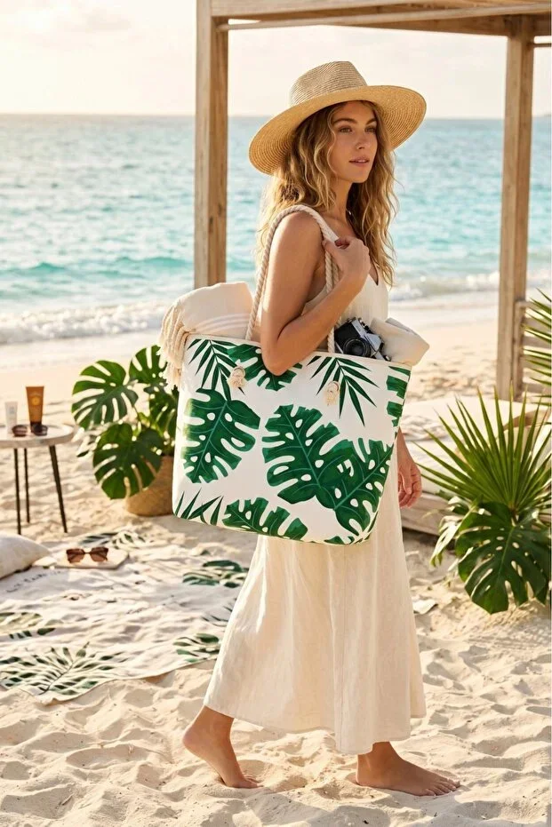 PRİZMA Patterned Picnic and Beach Bag with Rope Handle, Large Capacity, Stylish Shoulder Bag