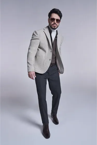 Men's Beige Mono Collar Lined Bag Pocket Woolen Comfort Slim Fit Jacket A32Y4041