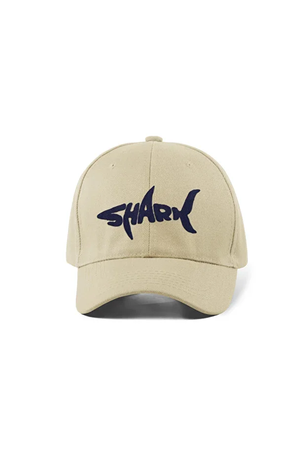 Shark Embroidered Hat – Cream 100% Cotton Gabardine Unisex Model