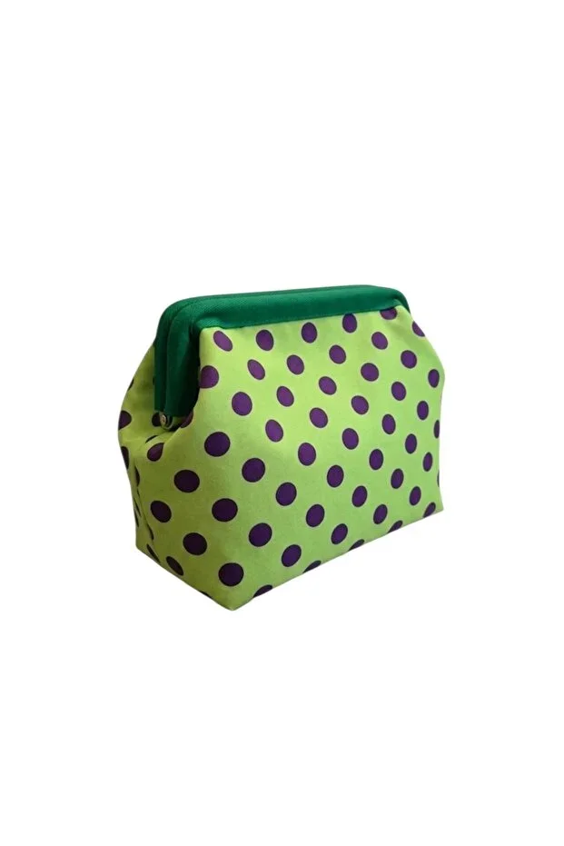 Secret Lined Pistachio Green Purple Polka Dot Patterned Women's Clutch Handbag