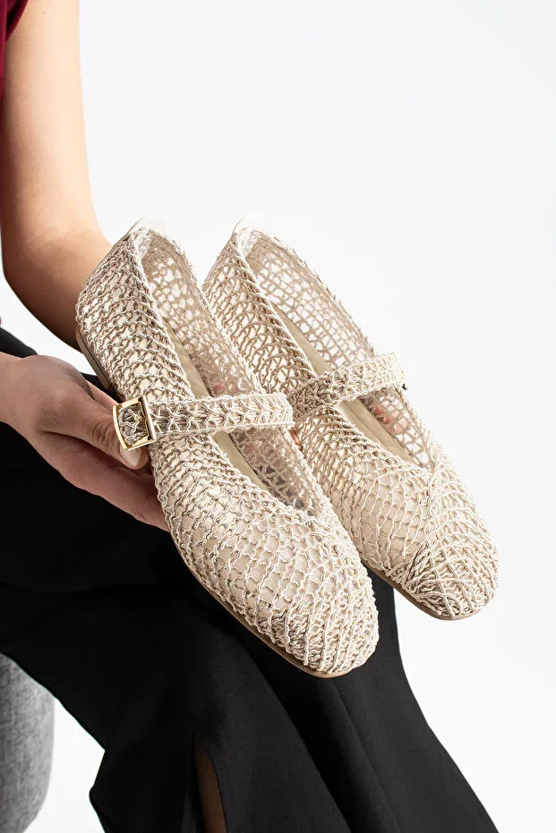 Bej Knit Women's Ballet Flats Soft Sole Daily Shoes