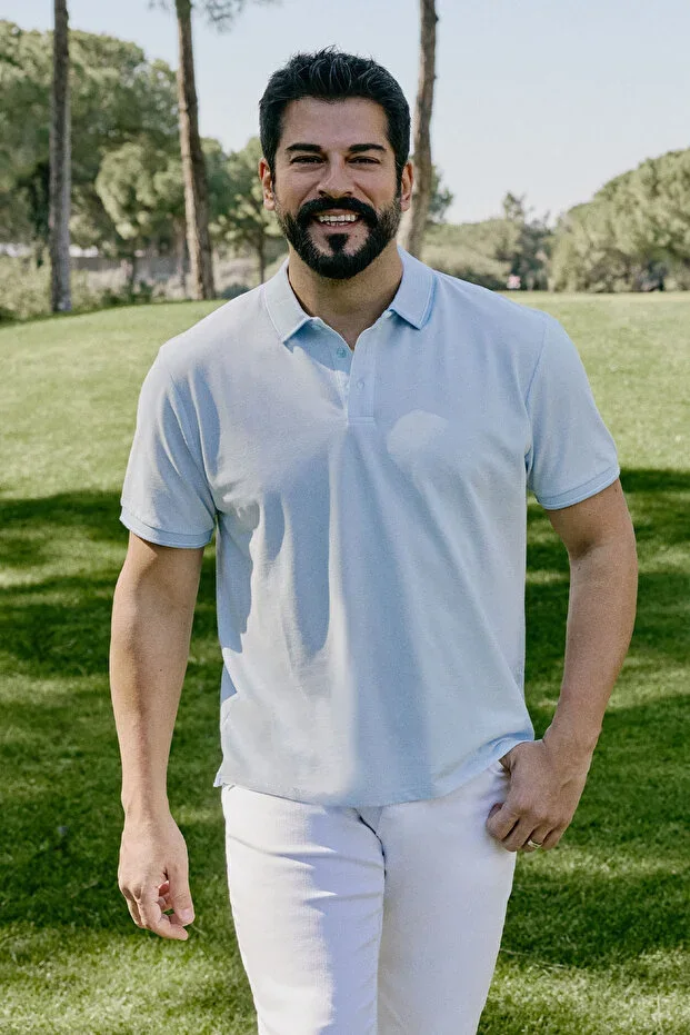 Men's Non-Iron Cotton Fabric Slim Fit Narrow Cut Light Blue Wrinkle-Resistant Polo Neck T-Shirt