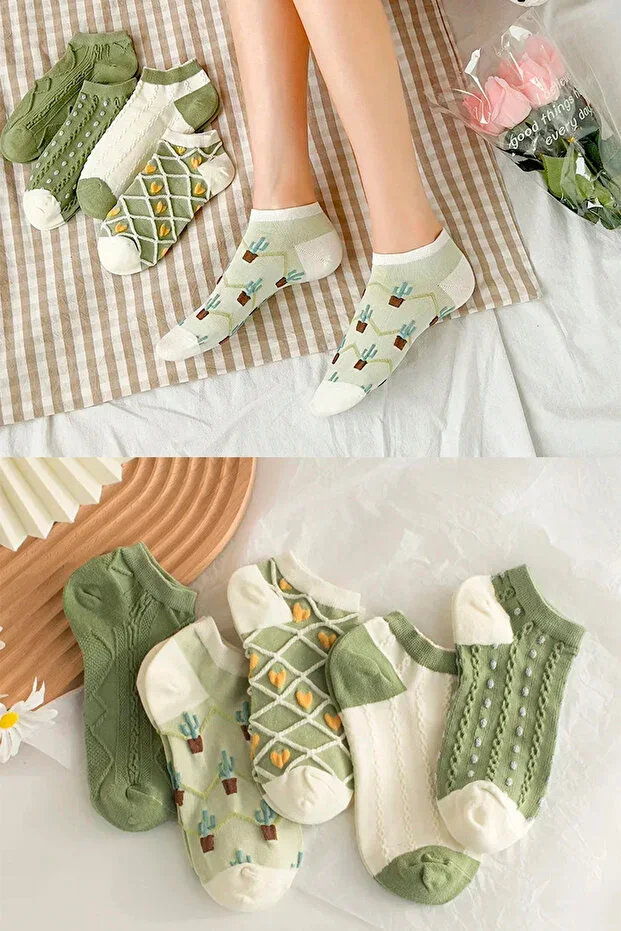 5 Pairs Women's Sock Set - Green Cactus Pattern Embossed Cotton Summer Ankle Socks