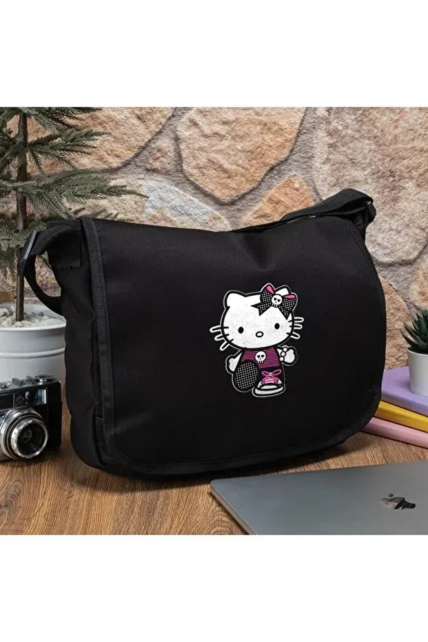 Gothic Hello Kitty Print Unisex Black Messenger Bag
