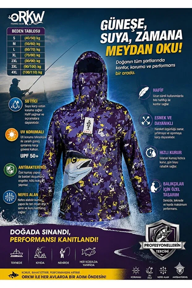 Orkw Hooded Long Sleeve Fisherman & Water Sports UV Protection Water Repellent T-shirt