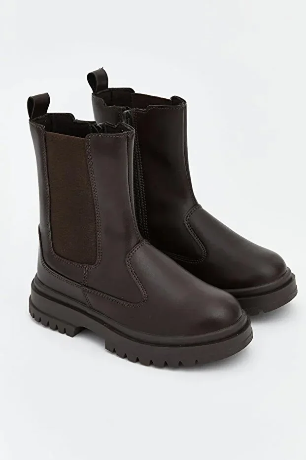Children's Elastic Zippered Non-Slip Sole Boot Brown Star Chelsea Brown