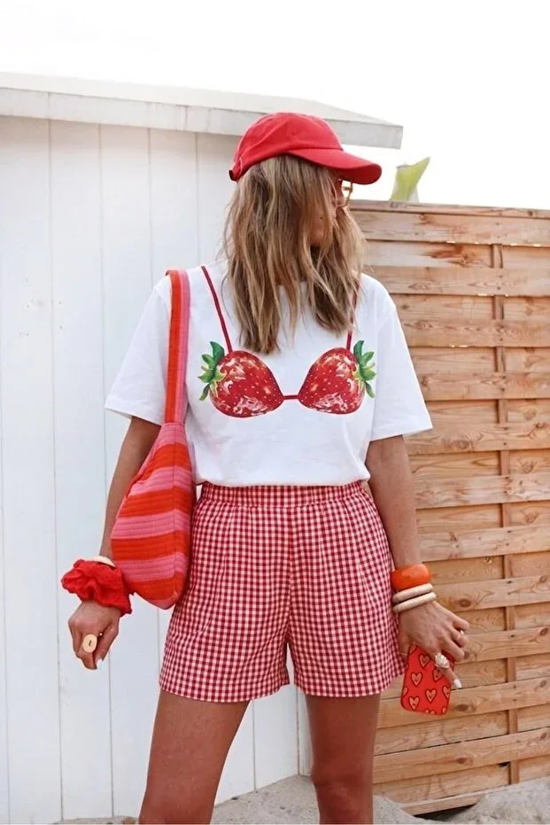 The Champ Clothing Women's Plaid Pattern Elastic Waist Summer Shorts Red – Relaxed Fit, Pockets