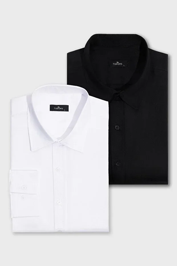 2-Pack Black-White Slim Fit Easy Iron Sweat-Absorbent Breathable Fabric Four Seasons Men's Shirt