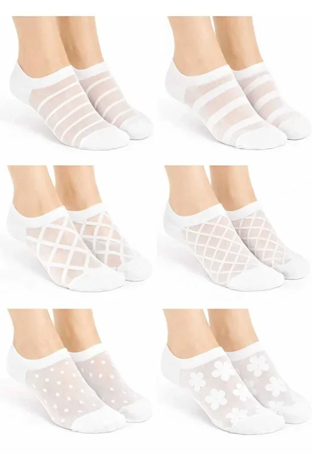 6 Pairs Women White Patterned Tulle Ankle Socks