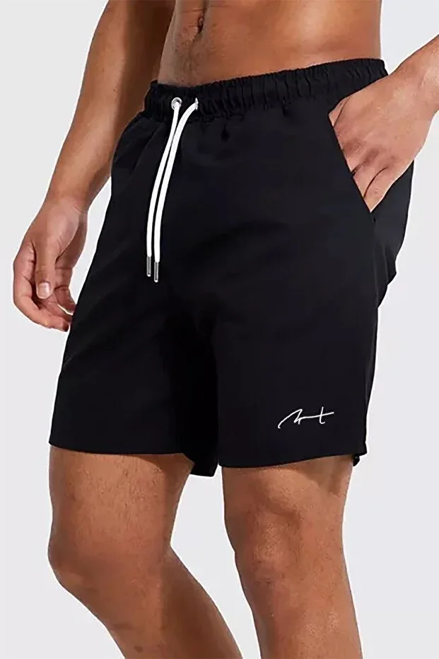 Men's Black Lined Quick-Drying Pocketed Beach Swim Shorts