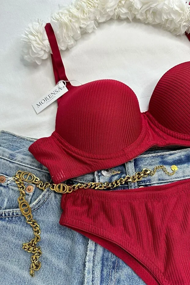 New Year's Special Basic Patterned Underwired Padded Bra Set Red