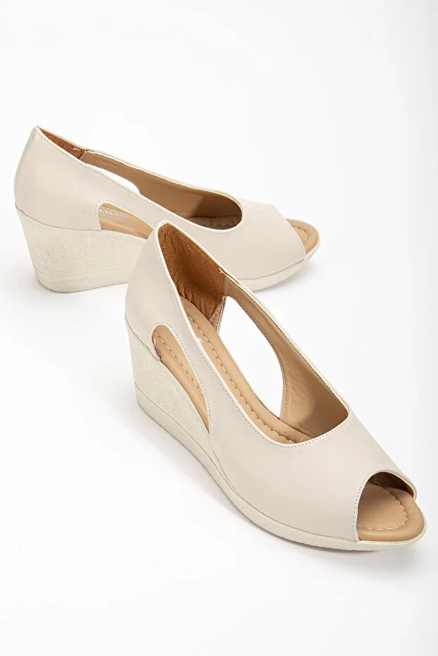 Dilimler Ayakkabı Padded Sole Open Toe Windowed Orthopedic Faux Leather Beige Women's Wedge Heel Shoes