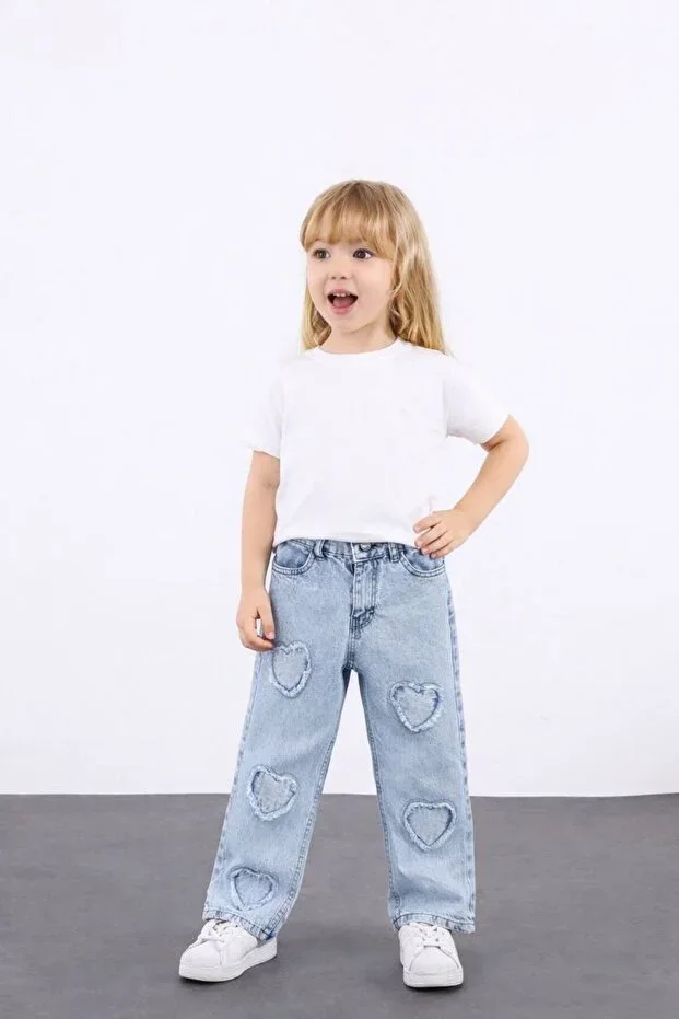 Girls' Heart Embroidered Wide Leg Blue Jeans Denim Pants