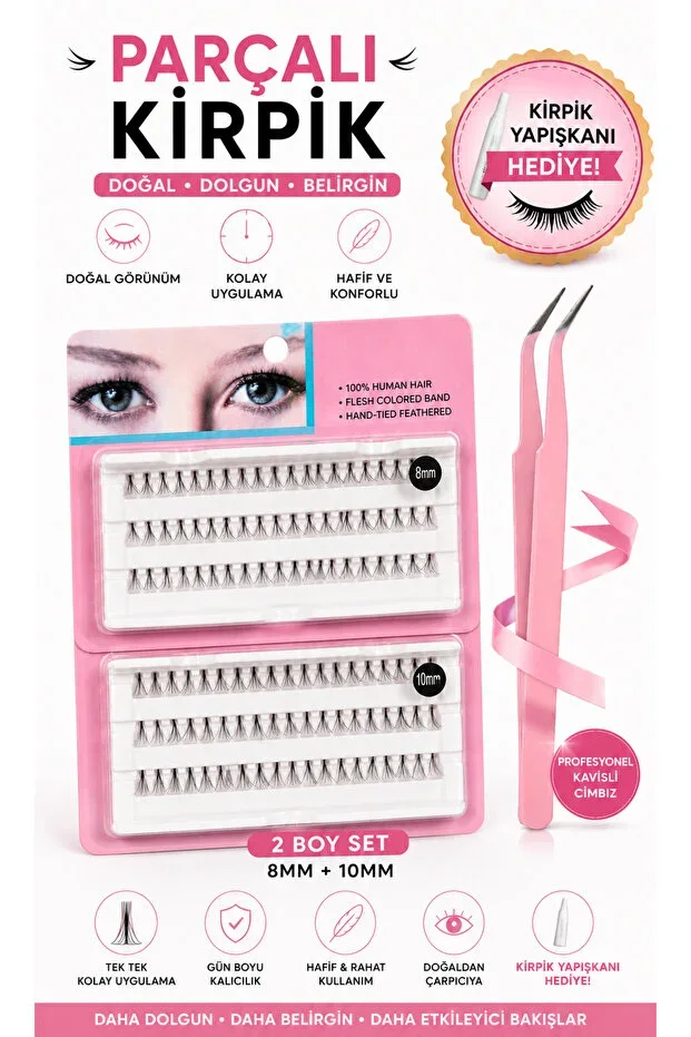 MAQYA KOZMETİK False Eyelash Set 120 pcs with Adhesive, Fixative, Natural Look + False Eyelash Tweezers + Comb Brush 10D-8D/10mm-8mm