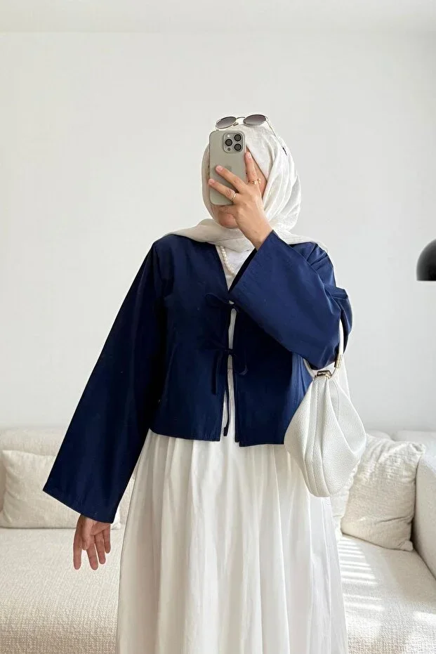 Giyim Gezegeni Front Tie 2 Laces Navy Kimono Shirt Modern Modest Chic New Season Kimono
