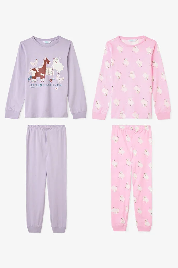Girls' Yoyo Game Pattern Long Sleeve Cotton 2-Piece Pajama Set