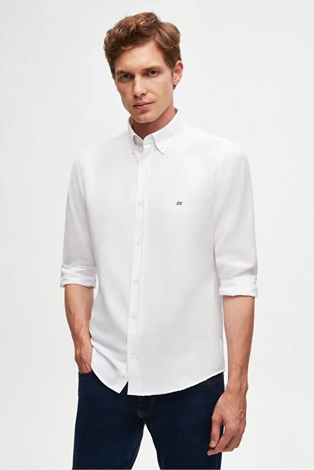 D'S Damat Slim Fit White Oxford Button-Down Collar Easy Iron Embroidered Detail Cotton Shirt