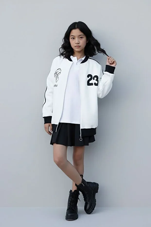 Ecru Beautifull Print Sleeve Striped Girl College Cardigan 21192