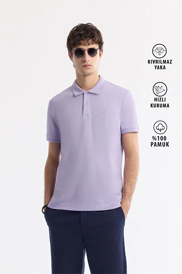 Men's Lilac Non-Iron Polo Neck %100 Cotton Basic Regular Fit T-Shirt B001032
