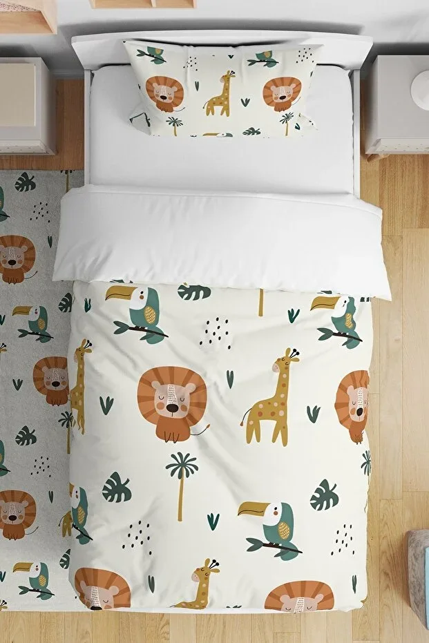 Plain Pastel Safari Pattern Single Baby Children Duvet Cover Set