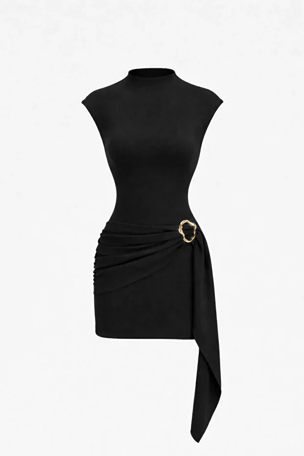 Edela Women's Stand-Neck Buckle-Detailed Belted Sculpting Fit Dress