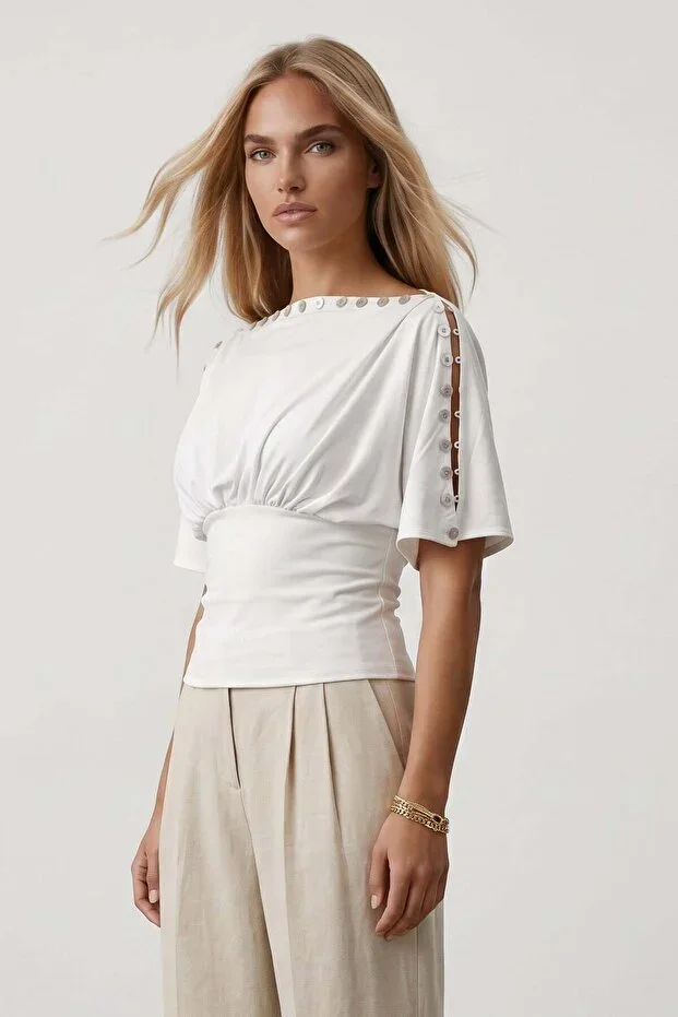 Women White Boat Neck Buttoned Sandy Blouse Alc-X15536