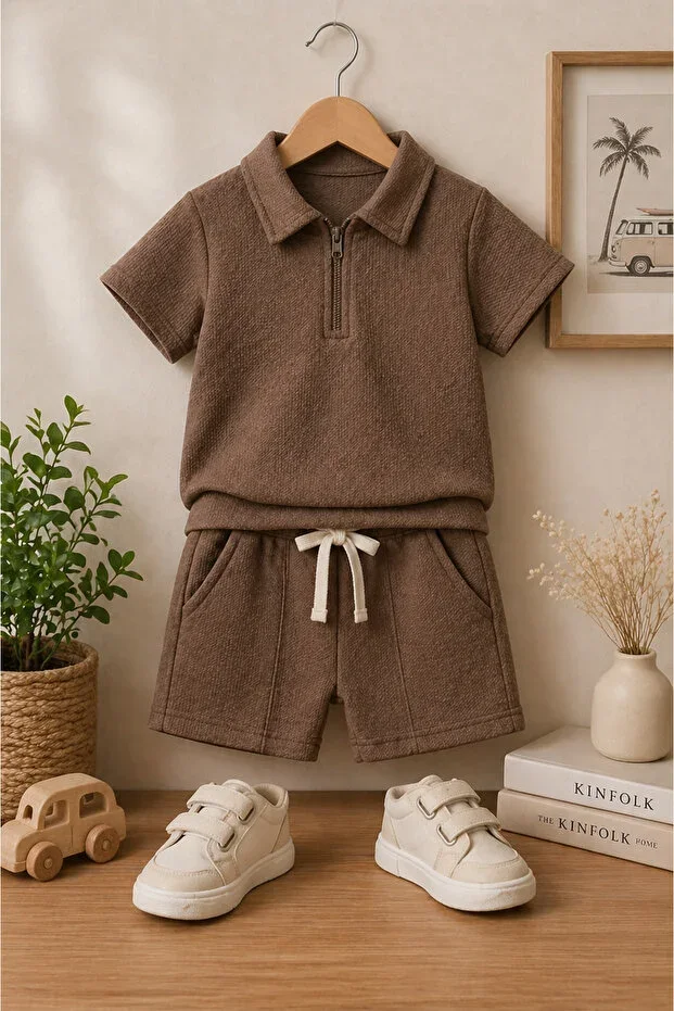 Solid Color Zippered Waffle Fabric Shorts Set for Kids