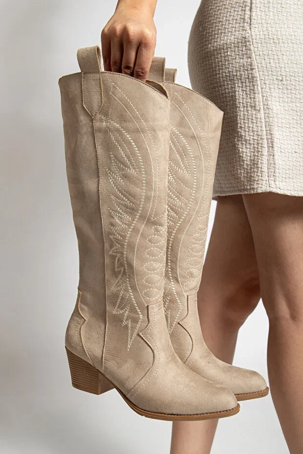 Women's Cowboy Beige Suede Boot Western Stitch Detailed Thick Heel