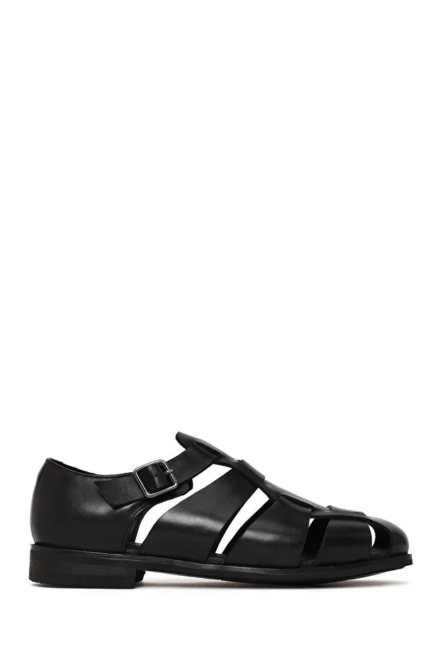 Black Men's Black Leather Buckled Summer Shoes 26SFD695918