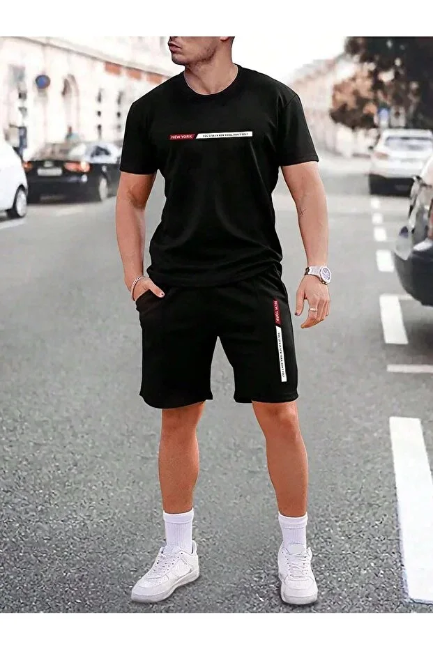 Unisex Black Newyork Special Print Oversize T-shirt Shorts Combed Cotton Set