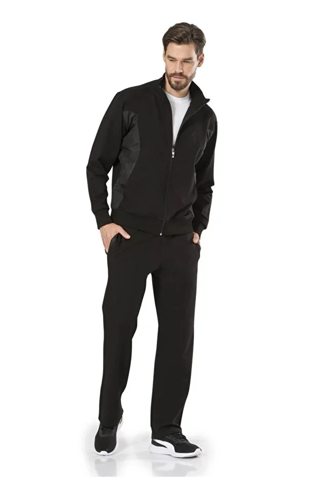Men's Black Cotton Zippered Tracksuit 7000