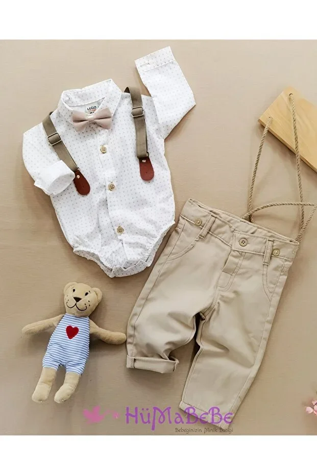 Polka dot bodysuit shirt style elastic waist linen pants 4-piece holiday set