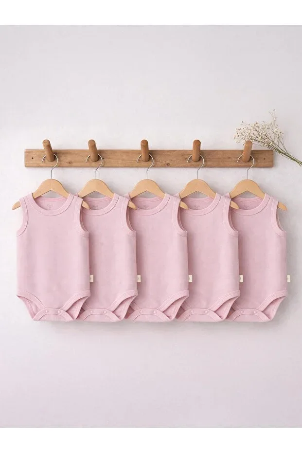 5 Piece Organic Sleeveless Bodysuit with Snaps - Pink
