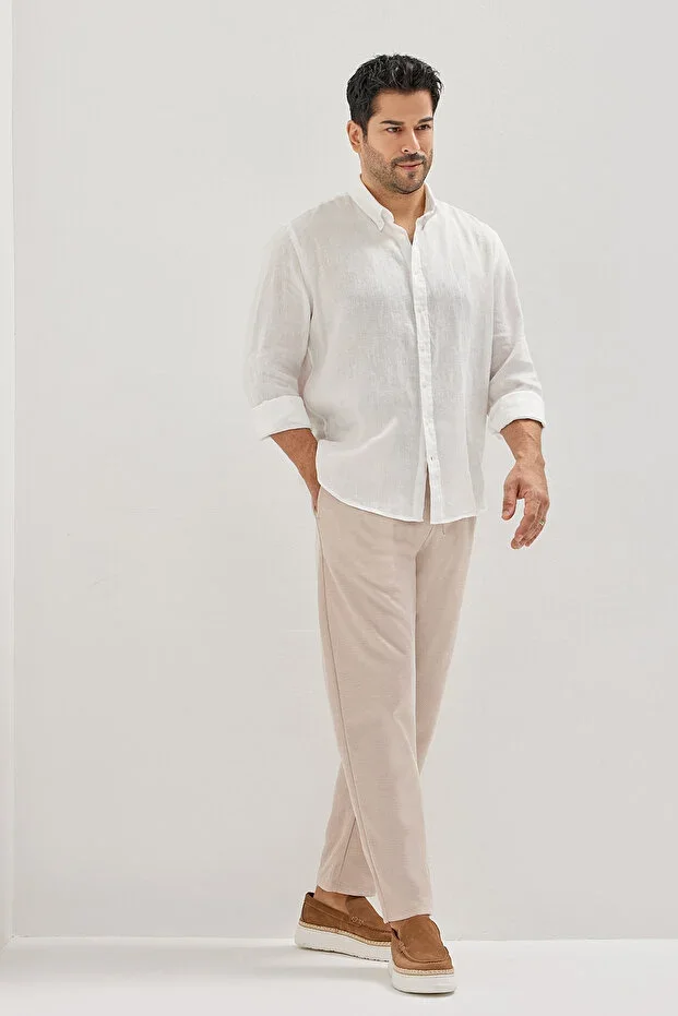 Men's Beige Cotton Standard Fit Regular Fit Elastic Waist Diagonal Pattern Knit Trousers