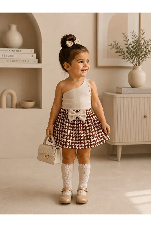 BABY KIDS BEIGE BROWN ONE SHOULDER CROP SKIRT SET OUTFIT TOP BOTTOM SET