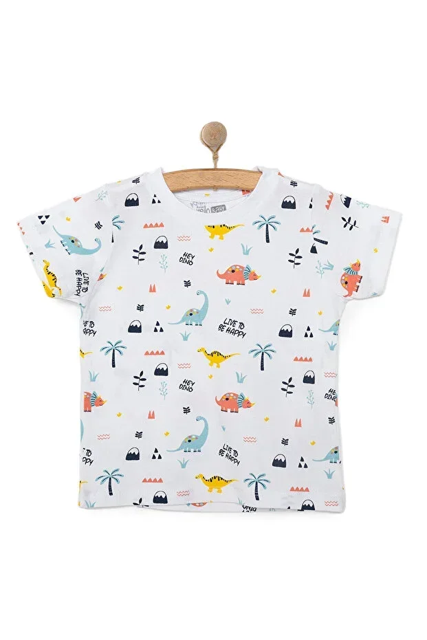 Hello Baby Boys' Basic T-shirt Dinosaur Patterned Round Neck Short Sleeve White