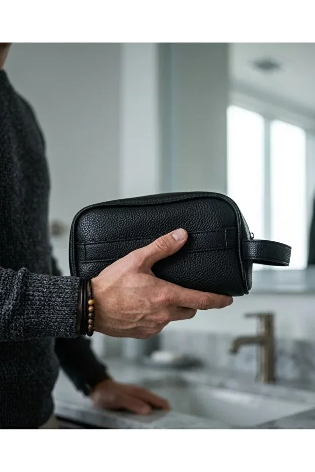 Men's Bag Genuine Leather Double Handle Daily Hand and Shaving Portfolio - Black Multi-purpose Handbag