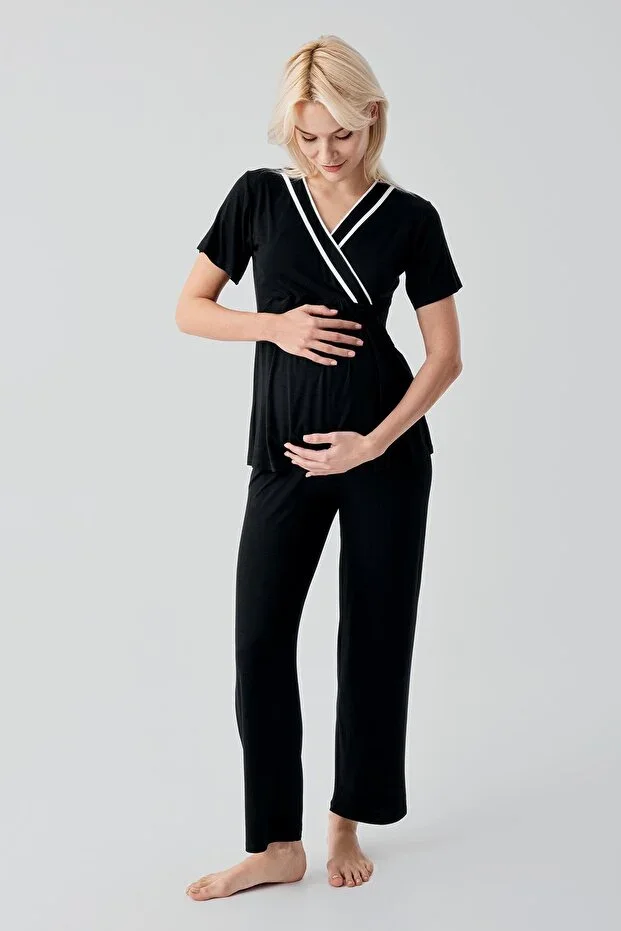 Short Sleeve Nursing Panel Adjustable Waist Flexible Viscose Maternity Pajama Set