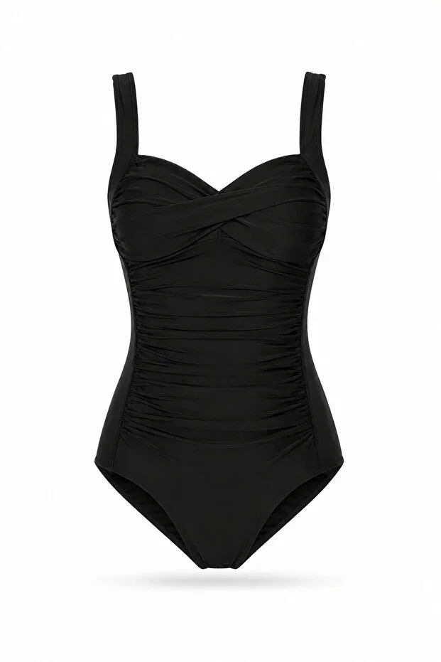 Salt & Sandy Shaping Draped Black Swimsuit – Adjustable Straps, Chic & Slimming Effect